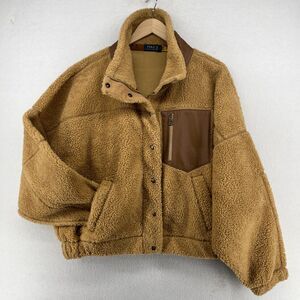 POLO RALPH LAUREN Jacket Womens XL Leather Trim High Pile Fleece Teddy Brown